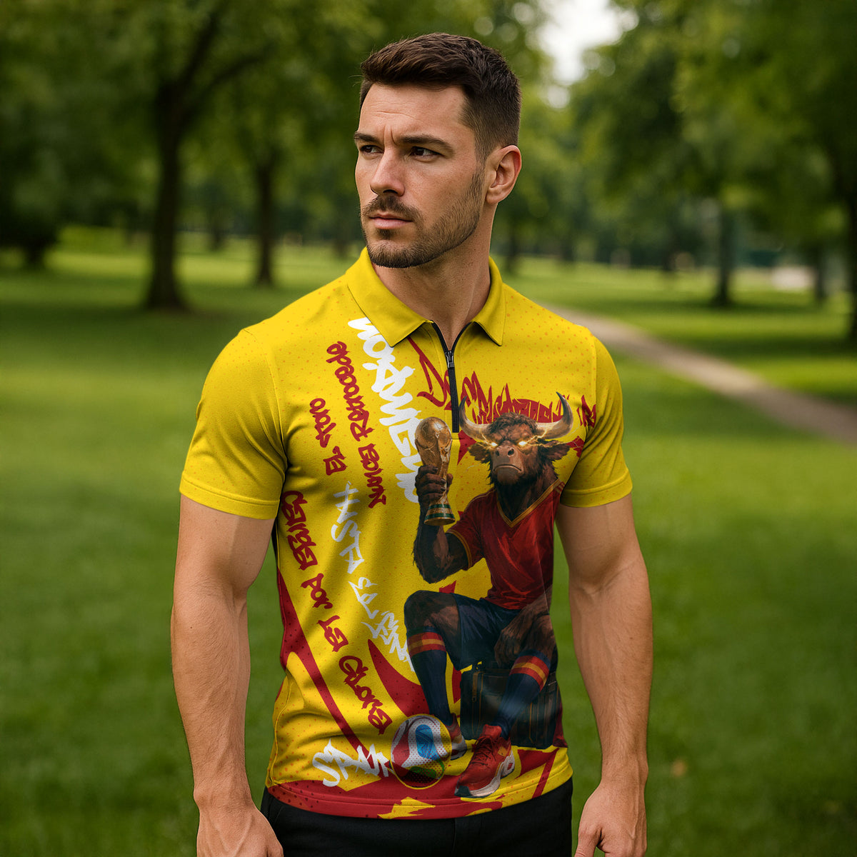 Spain Football Bull Mascot Zipper Polo Shirt Spanish Pride Champion Soccer Trophy Graffiti