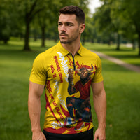 Spain Football Bull Mascot Zipper Polo Shirt Spanish Pride Champion Soccer Trophy Graffiti