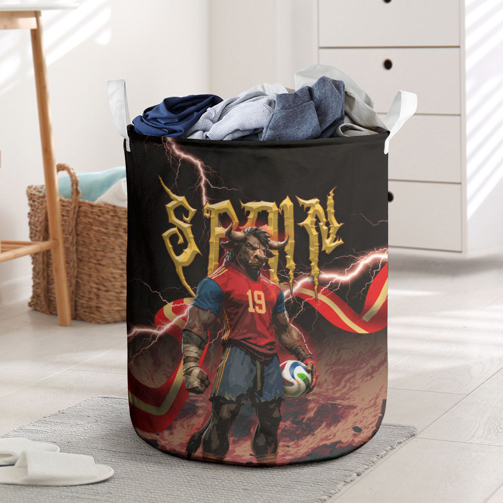 Spain Football Laundry Basket Spanish Pride Bull Mascot Gothic Metal Lightning Storm