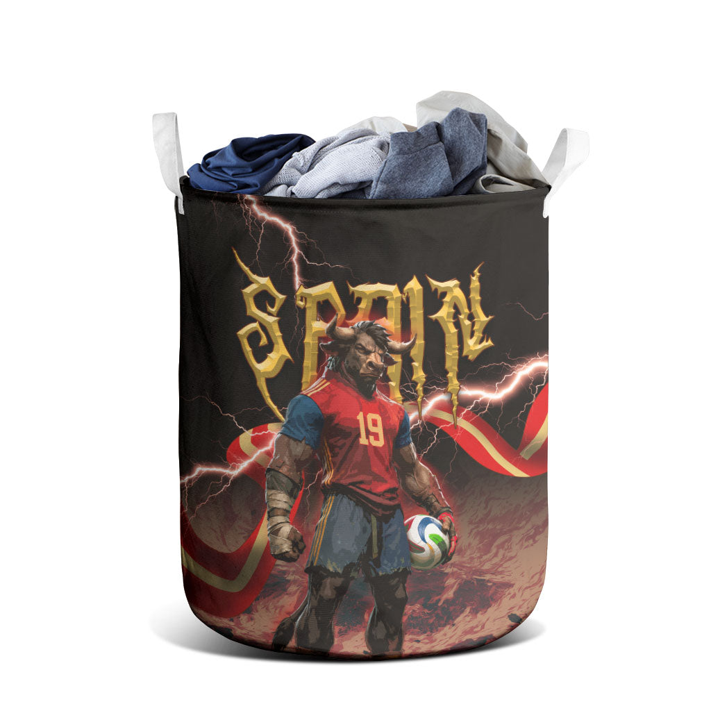 Spain Football Laundry Basket Spanish Pride Bull Mascot Gothic Metal Lightning Storm