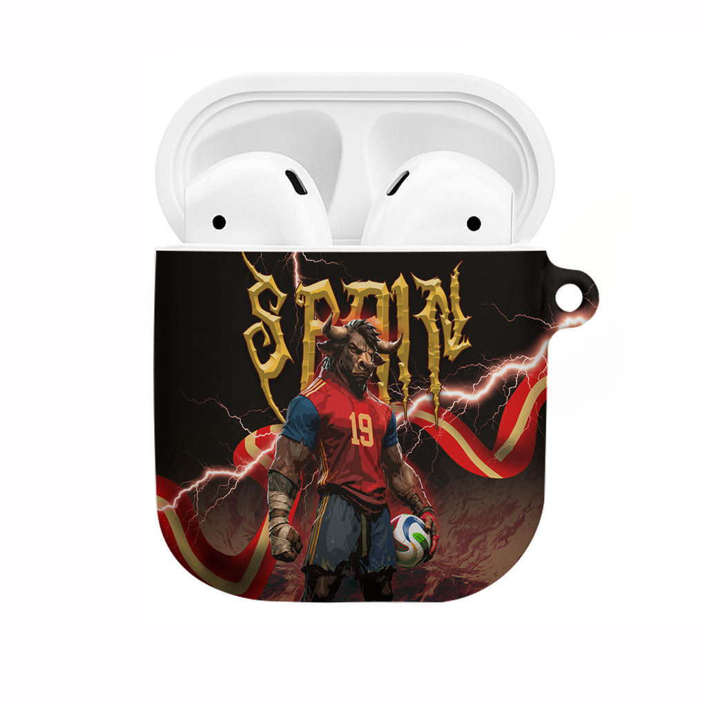 Spain Football AirPods Case Spanish Pride Bull Mascot Gothic Metal Lightning Storm