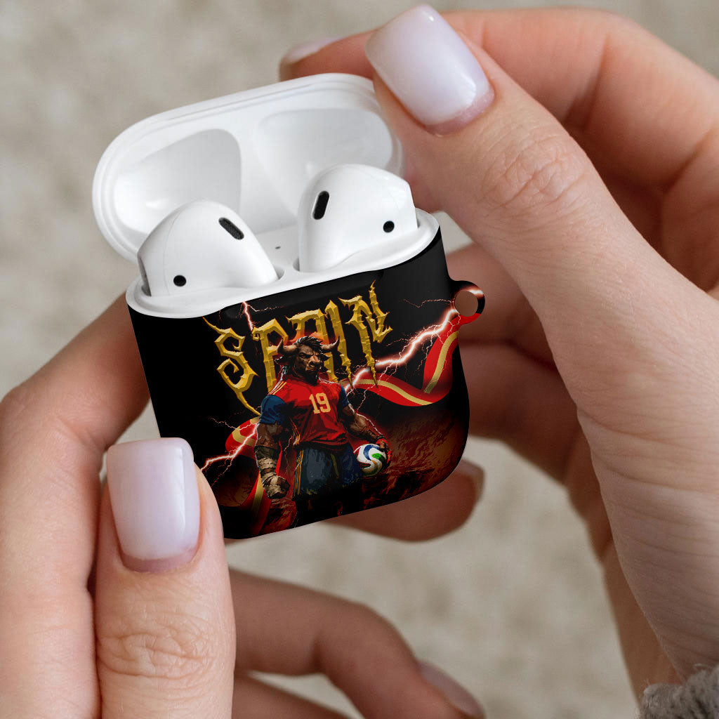 Spain Football AirPods Case Spanish Pride Bull Mascot Gothic Metal Lightning Storm
