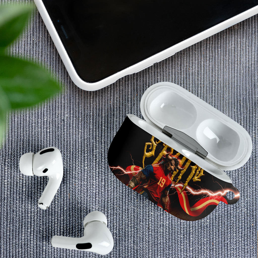 Spain Football AirPods Case Spanish Pride Bull Mascot Gothic Metal Lightning Storm