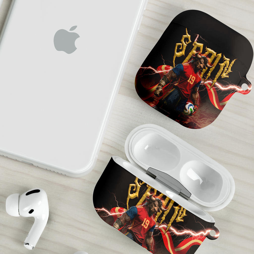 Spain Football AirPods Case Spanish Pride Bull Mascot Gothic Metal Lightning Storm