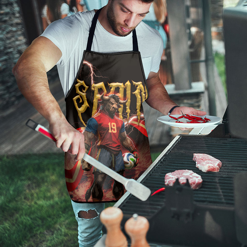 Spain Football Apron Spanish Pride Bull Mascot Gothic Metal Lightning Storm