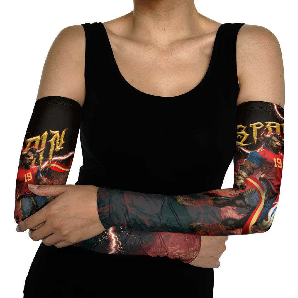 Spain Football Arm Sleeves Spanish Pride Bull Mascot Gothic Metal Lightning Storm