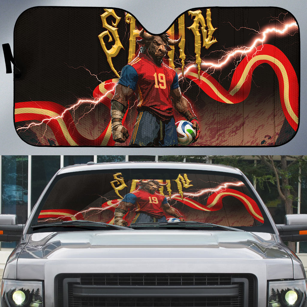Spain Football Auto Sun Shade Spanish Pride Bull Mascot Gothic Metal Lightning Storm
