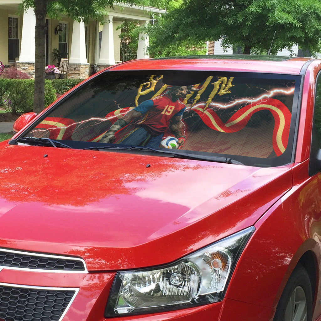 Spain Football Auto Sun Shade Spanish Pride Bull Mascot Gothic Metal Lightning Storm