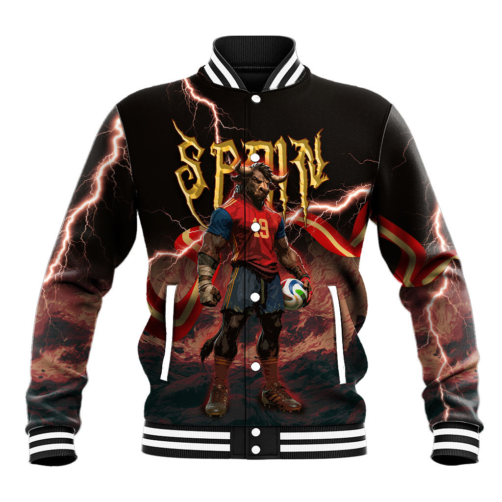Spain Football Baseball Jacket Spanish Pride Bull Mascot Gothic Metal Lightning Storm