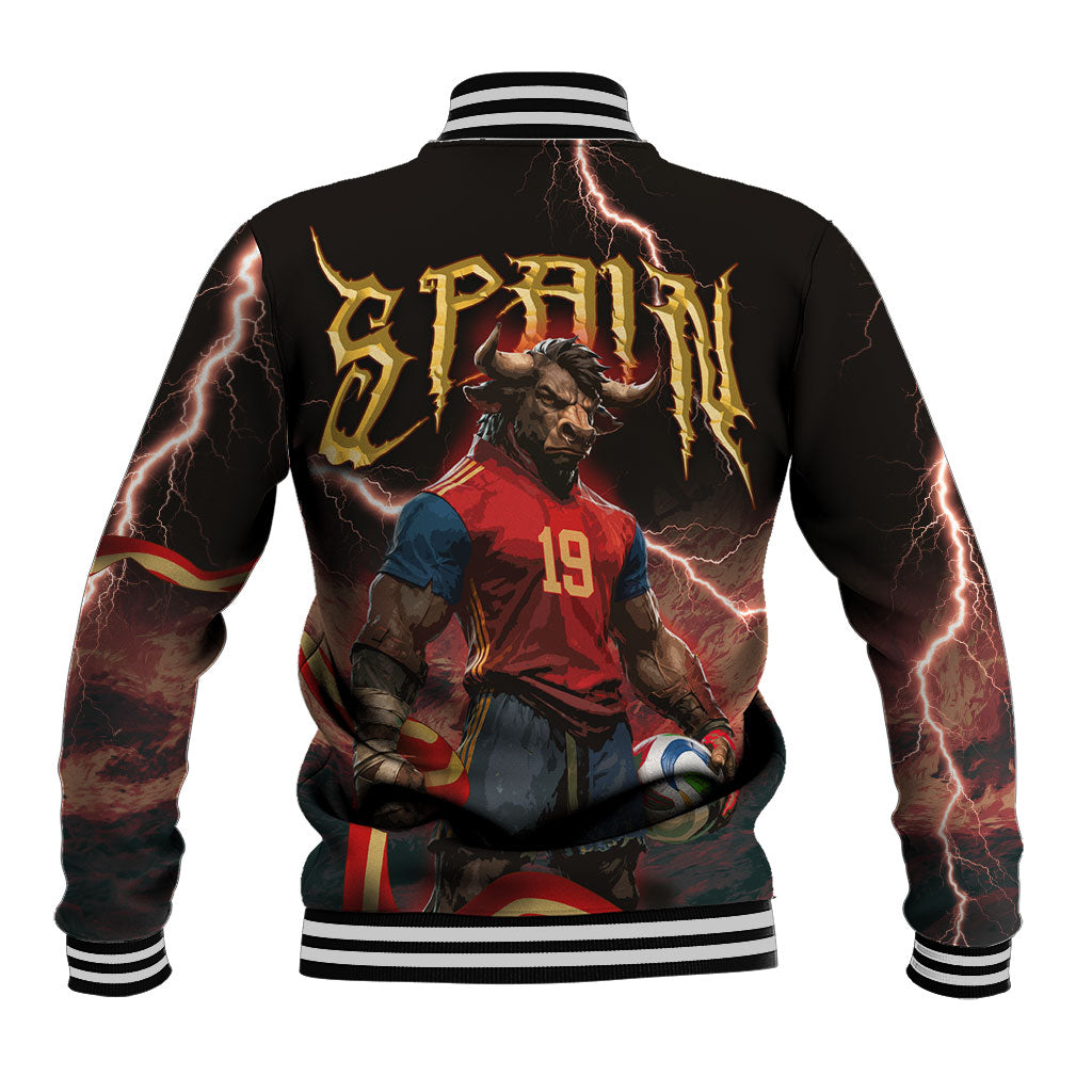 Spain Football Baseball Jacket Spanish Pride Bull Mascot Gothic Metal Lightning Storm