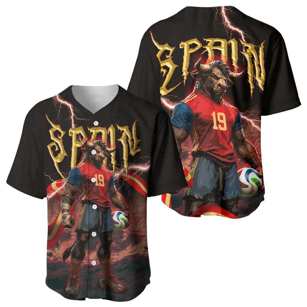Spain Football Baseball Jersey Spanish Pride Bull Mascot Gothic Metal Lightning Storm