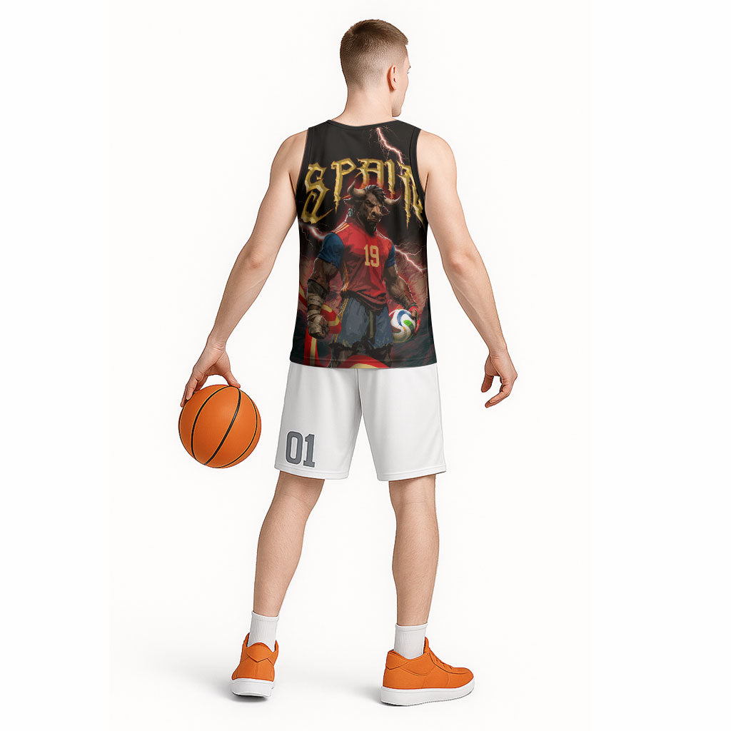 Spain Football Basketball Jersey Spanish Pride Bull Mascot Gothic Metal Lightning Storm