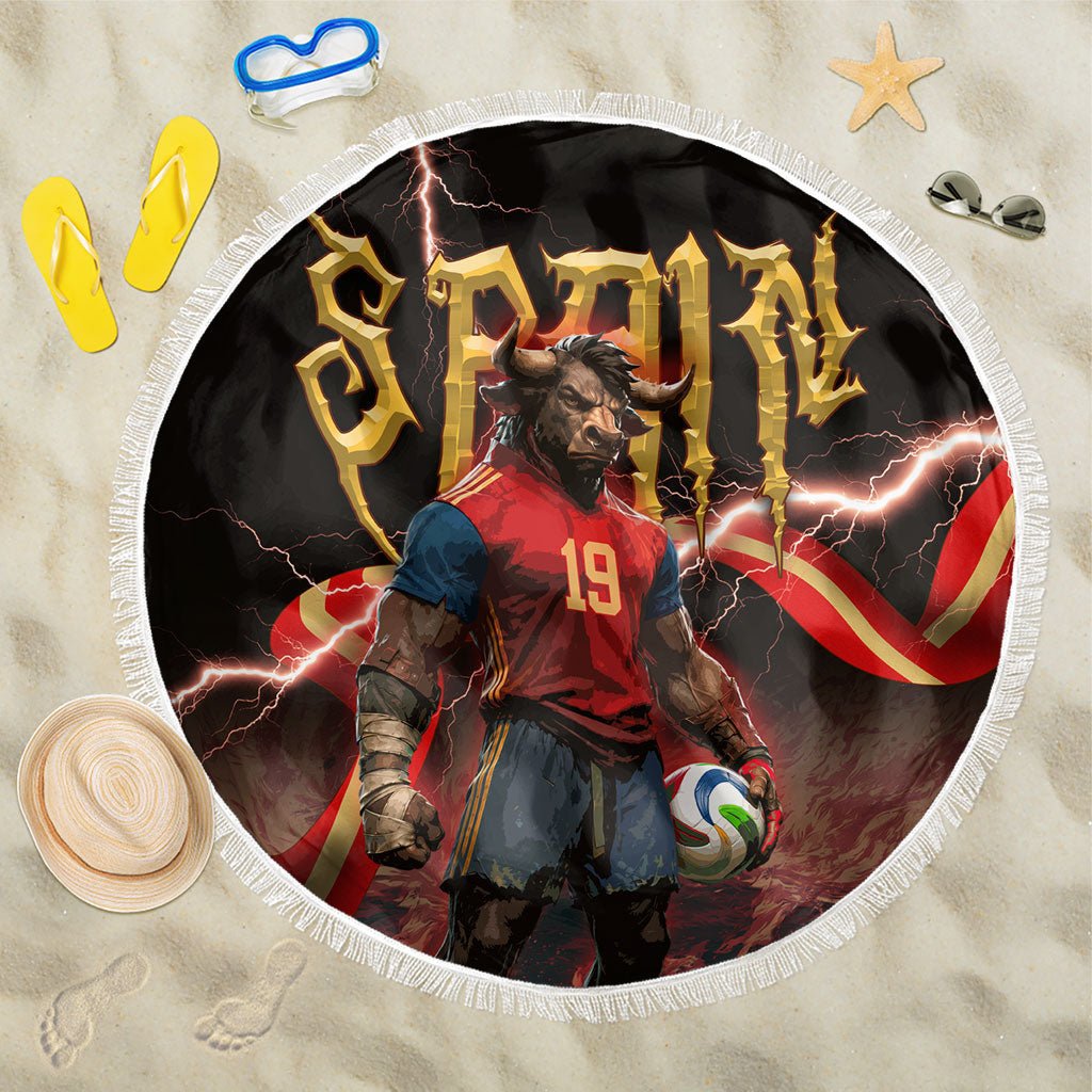 Spain Football Beach Blanket Spanish Pride Bull Mascot Gothic Metal Lightning Storm