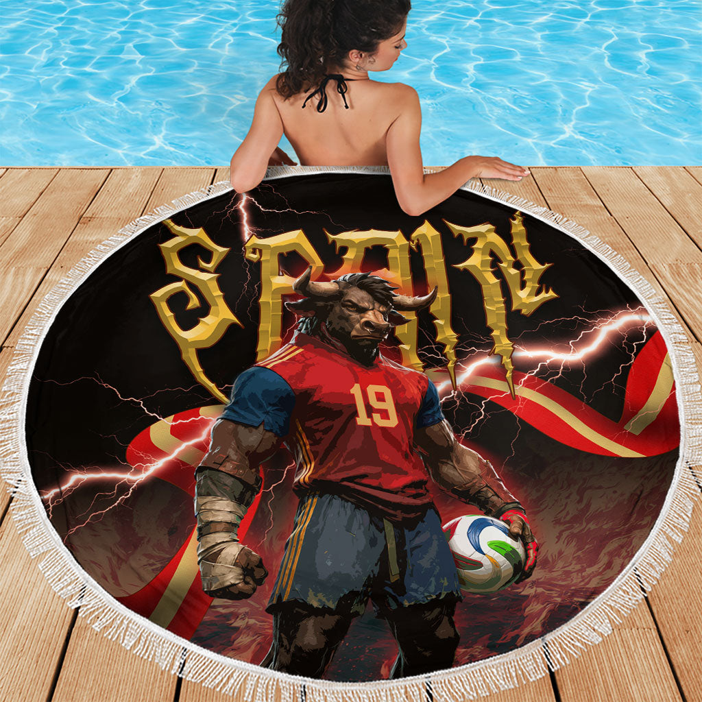 Spain Football Beach Blanket Spanish Pride Bull Mascot Gothic Metal Lightning Storm