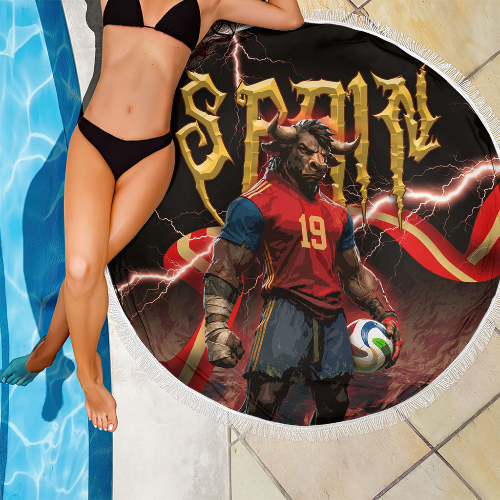 Spain Football Beach Blanket Spanish Pride Bull Mascot Gothic Metal Lightning Storm