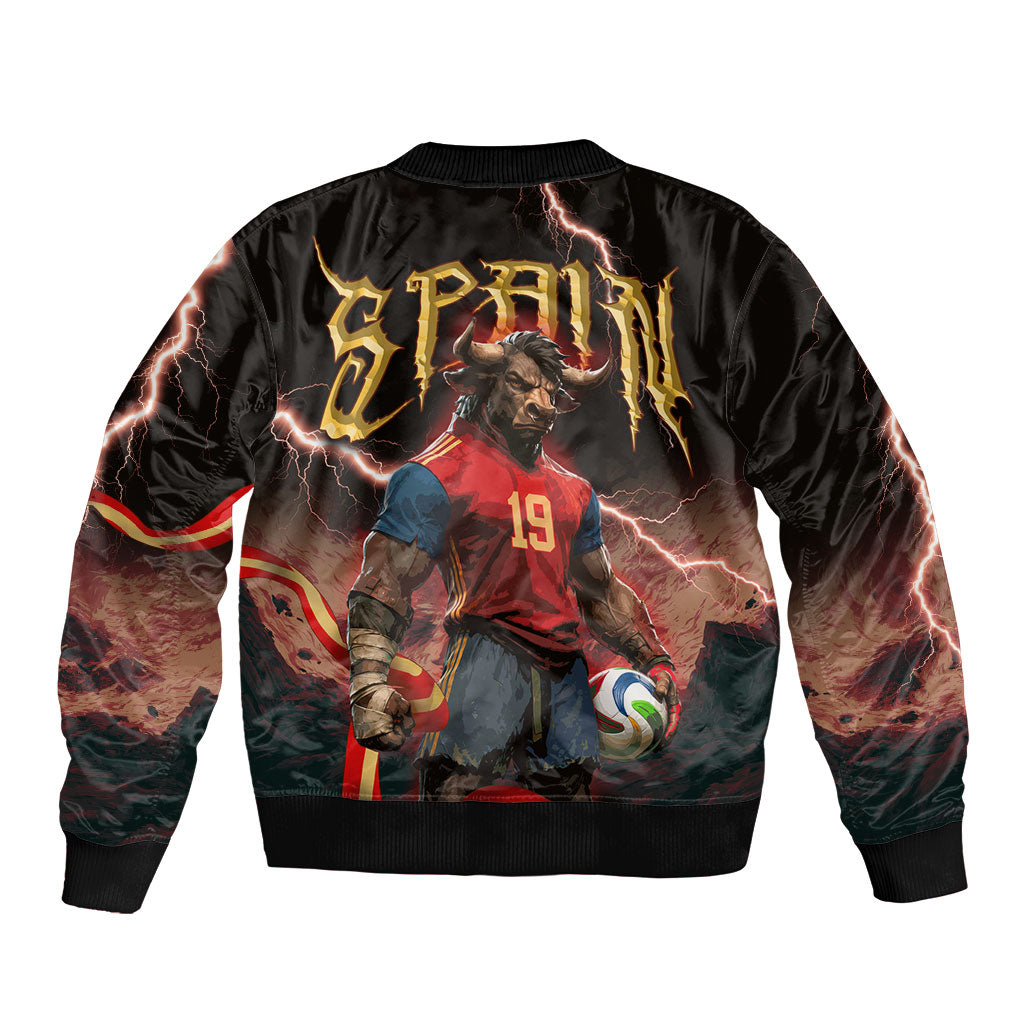 Spain Football Bomber Jacket Spanish Pride Bull Mascot Gothic Metal Lightning Storm