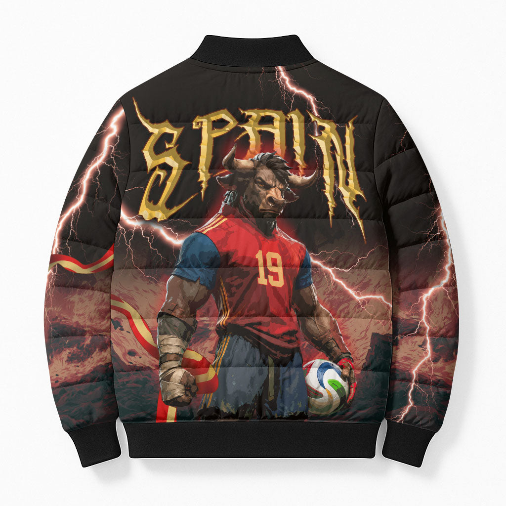 Spain Football Bomber Puffer Jacket Spanish Pride Bull Mascot Gothic Metal Lightning Storm