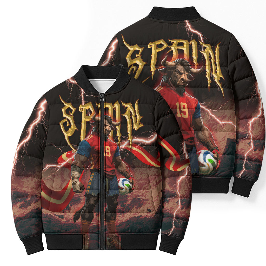 Spain Football Bomber Puffer Jacket Spanish Pride Bull Mascot Gothic Metal Lightning Storm