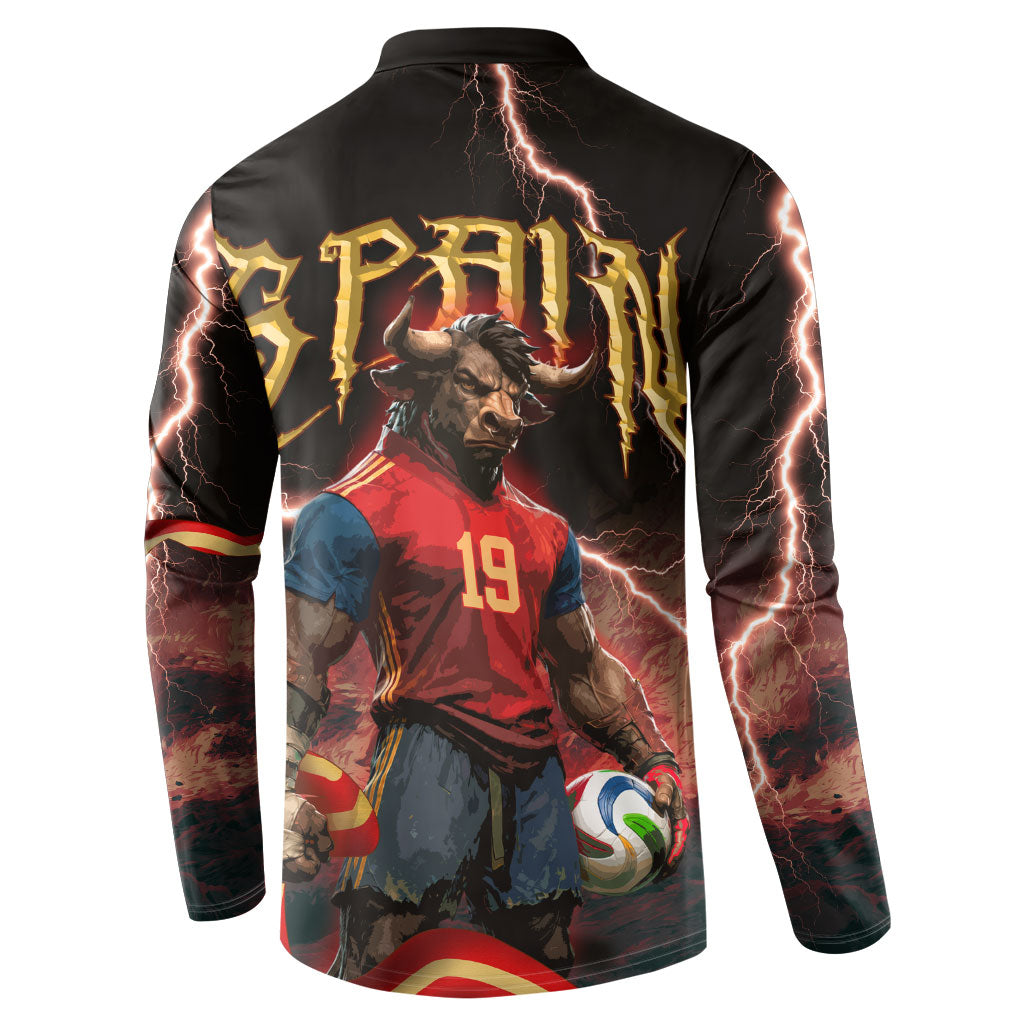 Spain Football Button Sweatshirt Spanish Pride Bull Mascot Gothic Metal Lightning Storm