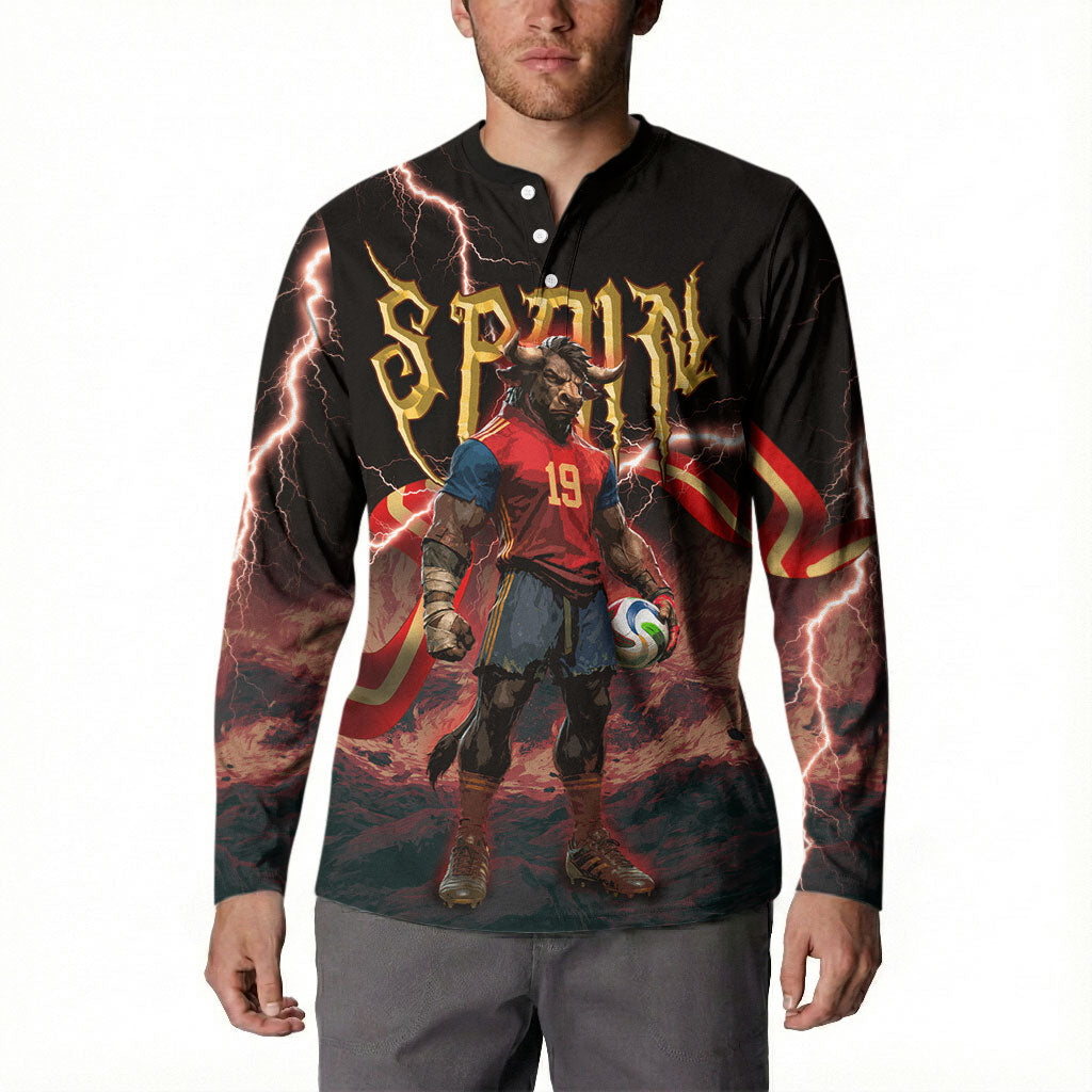 Spain Football Button Sweatshirt Spanish Pride Bull Mascot Gothic Metal Lightning Storm