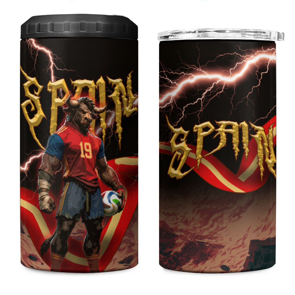 Spain Football 4 in 1 Can Cooler Tumbler Spanish Pride Bull Mascot Gothic Metal Lightning Storm