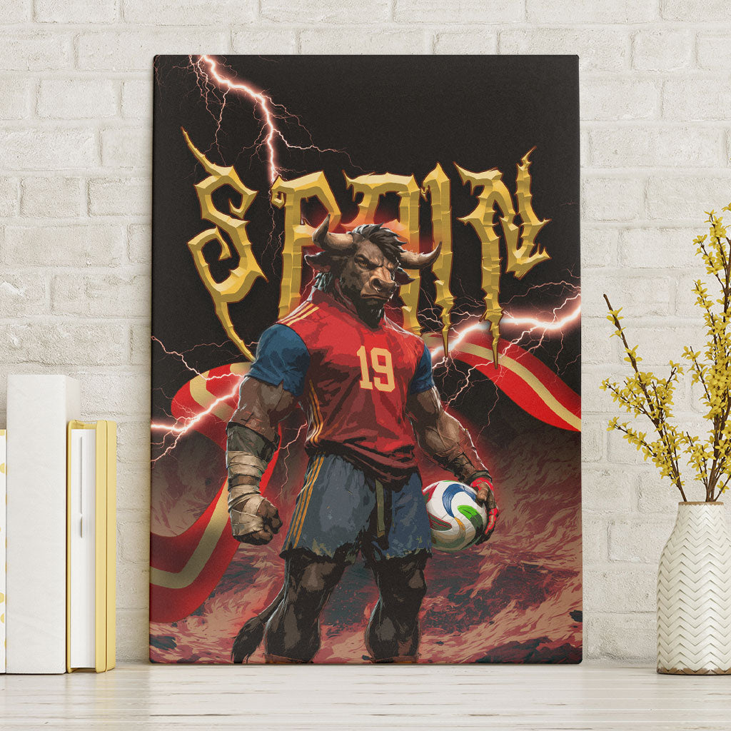 Spain Football Canvas Wall Art Spanish Pride Bull Mascot Gothic Metal Lightning Storm