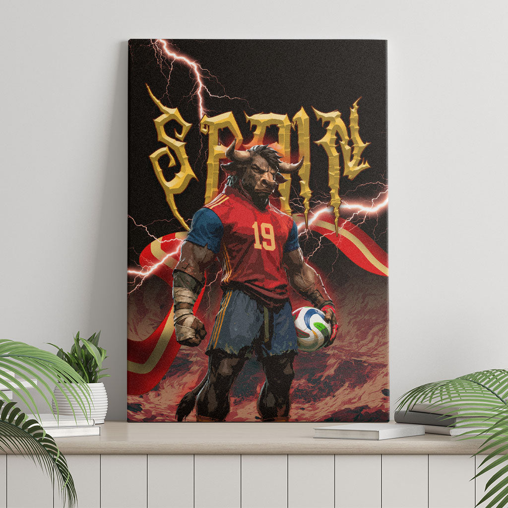 Spain Football Canvas Wall Art Spanish Pride Bull Mascot Gothic Metal Lightning Storm