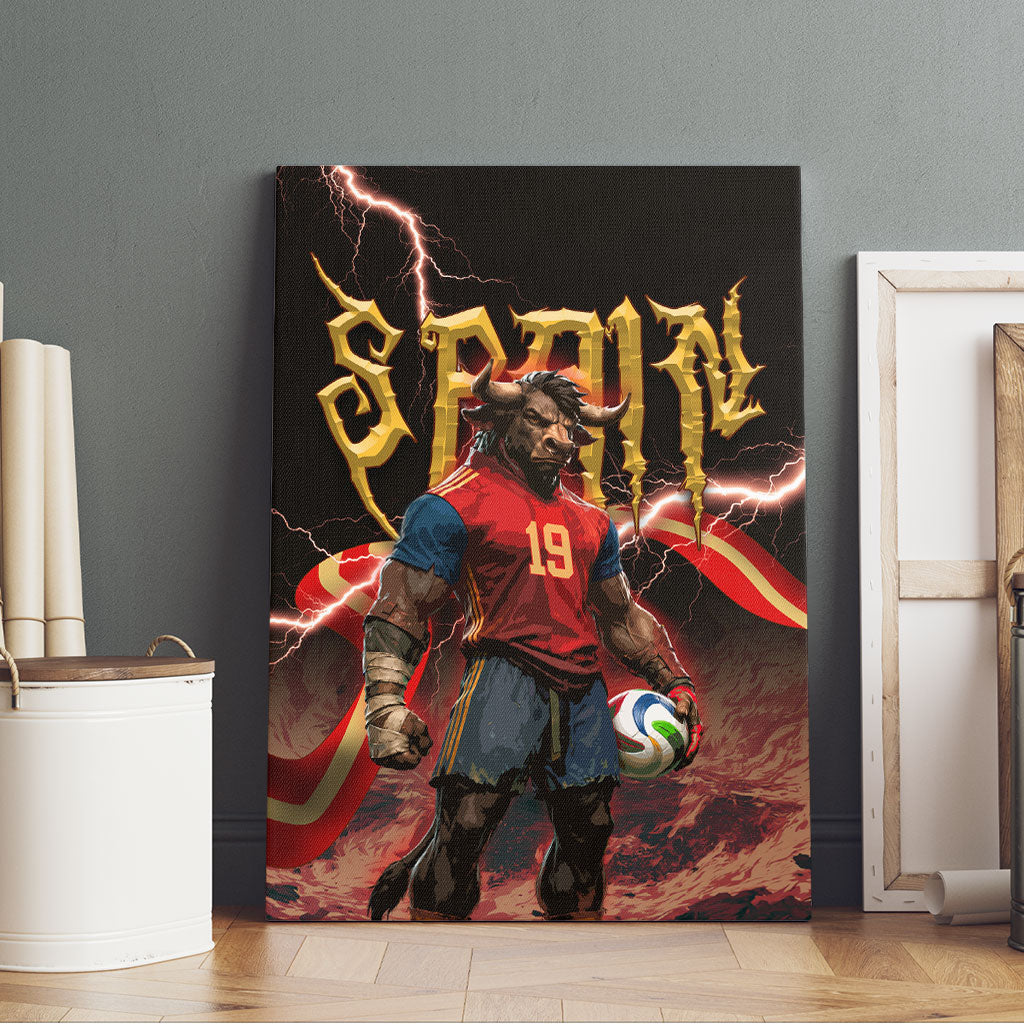 Spain Football Canvas Wall Art Spanish Pride Bull Mascot Gothic Metal Lightning Storm