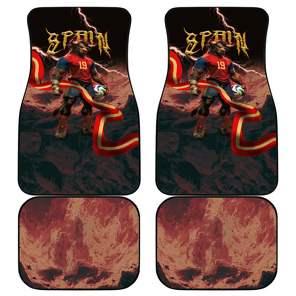 Spain Football Car Mats Spanish Pride Bull Mascot Gothic Metal Lightning Storm