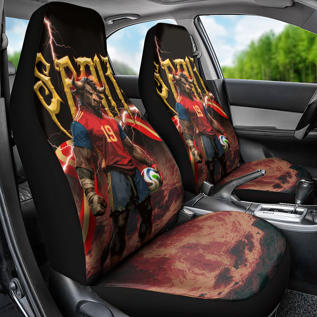 Spain Football Car Seat Cover Spanish Pride Bull Mascot Gothic Metal Lightning Storm