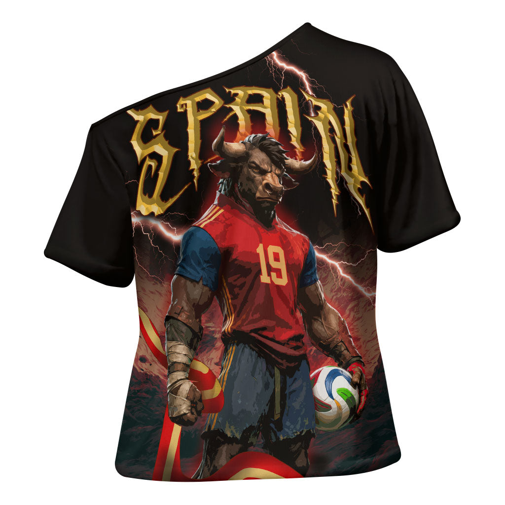 Spain Football Cross Shoulder Shirt Spanish Pride Bull Mascot Gothic Metal Lightning Storm