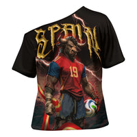 Spain Football Cross Shoulder Shirt Spanish Pride Bull Mascot Gothic Metal Lightning Storm