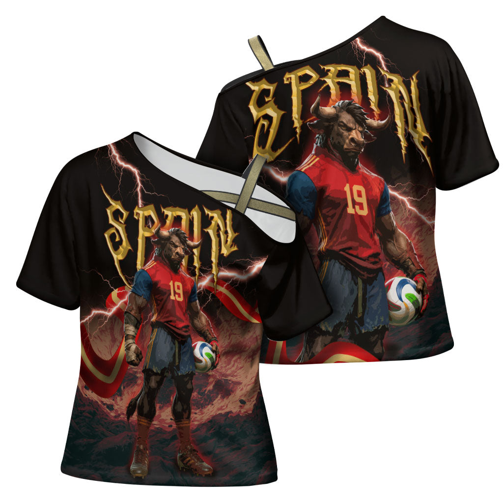 Spain Football Cross Shoulder Shirt Spanish Pride Bull Mascot Gothic Metal Lightning Storm