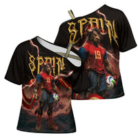 Spain Football Cross Shoulder Shirt Spanish Pride Bull Mascot Gothic Metal Lightning Storm