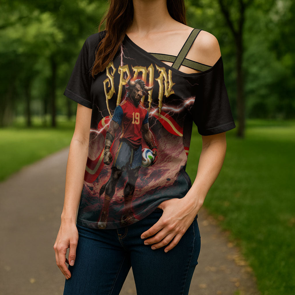 Spain Football Cross Shoulder Shirt Spanish Pride Bull Mascot Gothic Metal Lightning Storm