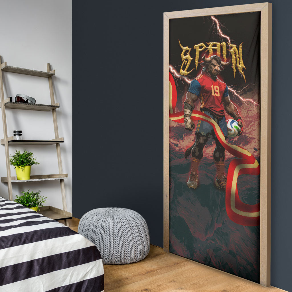 Spain Football Door Cover Spanish Pride Bull Mascot Gothic Metal Lightning Storm