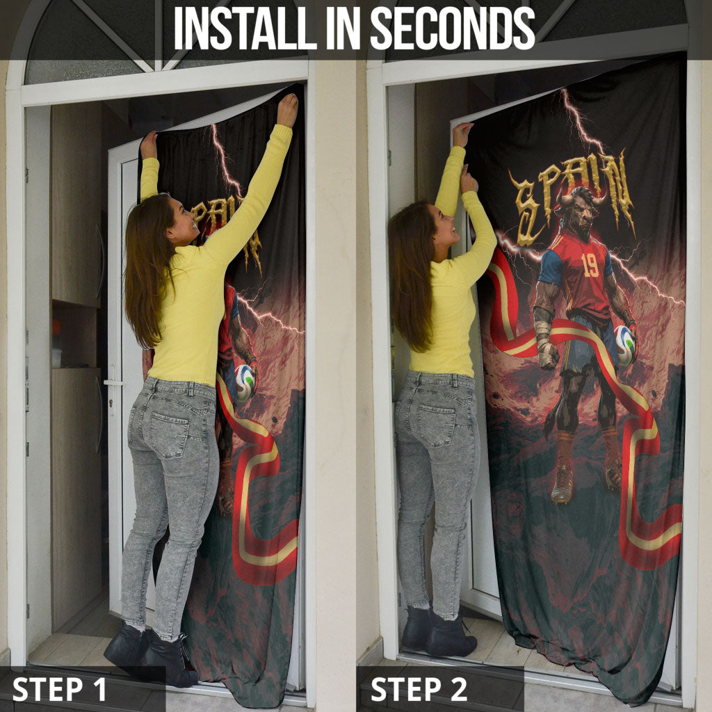 Spain Football Door Cover Spanish Pride Bull Mascot Gothic Metal Lightning Storm