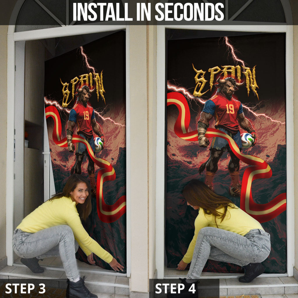 Spain Football Door Cover Spanish Pride Bull Mascot Gothic Metal Lightning Storm