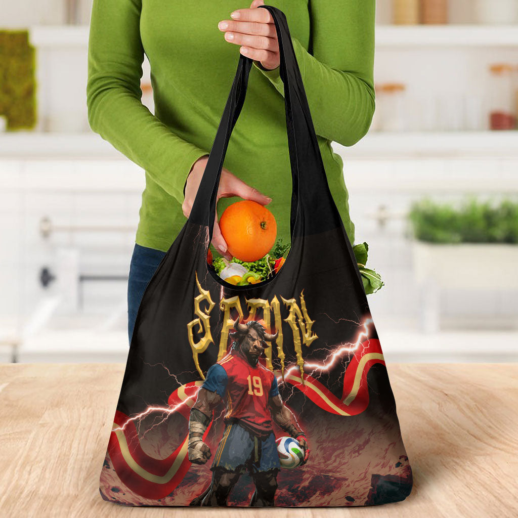 Spain Football Grocery Bag Spanish Pride Bull Mascot Gothic Metal Lightning Storm