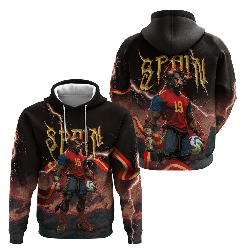 Spain Football Hoodie Spanish Pride Bull Mascot Gothic Metal Lightning Storm
