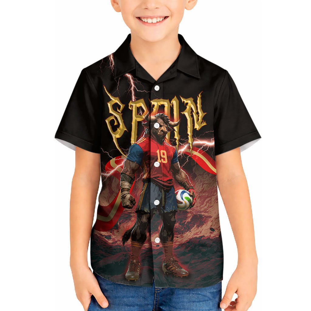 Spain Football Kid Hawaiian Shirt Spanish Pride Bull Mascot Gothic Metal Lightning Storm