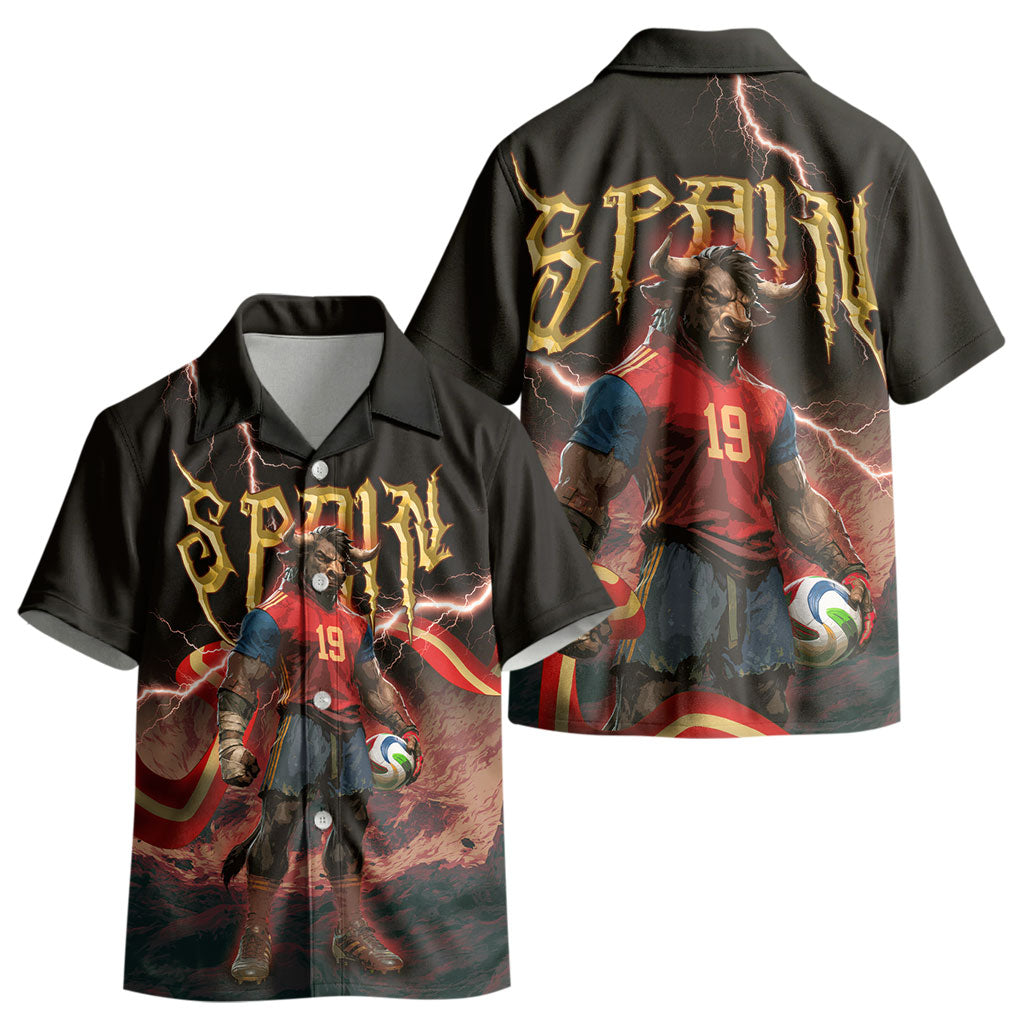 Spain Football Kid Hawaiian Shirt Spanish Pride Bull Mascot Gothic Metal Lightning Storm
