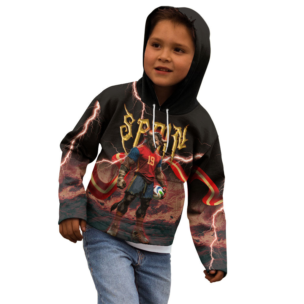 Spain Football Kid Hoodie Spanish Pride Bull Mascot Gothic Metal Lightning Storm
