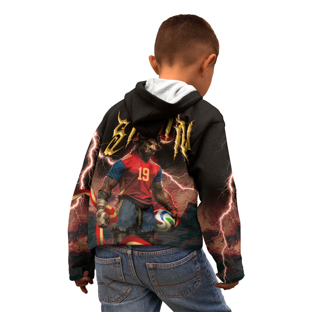 Spain Football Kid Hoodie Spanish Pride Bull Mascot Gothic Metal Lightning Storm
