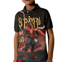 Spain Football Kid Polo Shirt Spanish Pride Bull Mascot Gothic Metal Lightning Storm