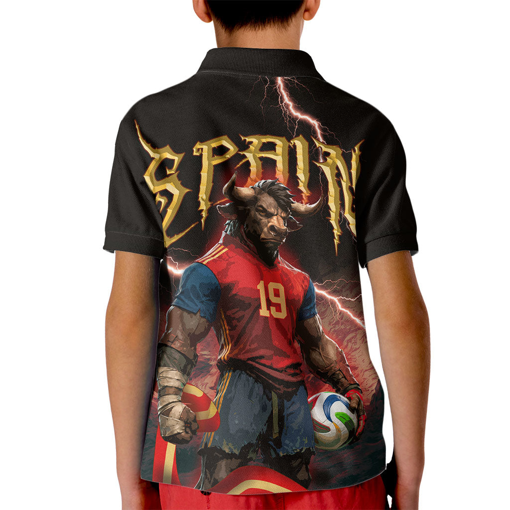 Spain Football Kid Polo Shirt Spanish Pride Bull Mascot Gothic Metal Lightning Storm