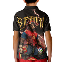 Spain Football Kid Polo Shirt Spanish Pride Bull Mascot Gothic Metal Lightning Storm