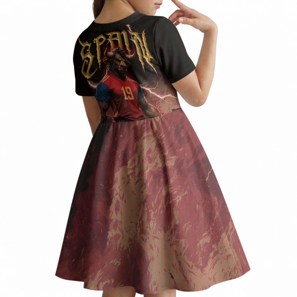 Spain Football Kid Short Sleeve Dress Spanish Pride Bull Mascot Gothic Metal Lightning Storm