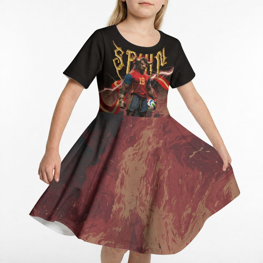 Spain Football Kid Short Sleeve Dress Spanish Pride Bull Mascot Gothic Metal Lightning Storm