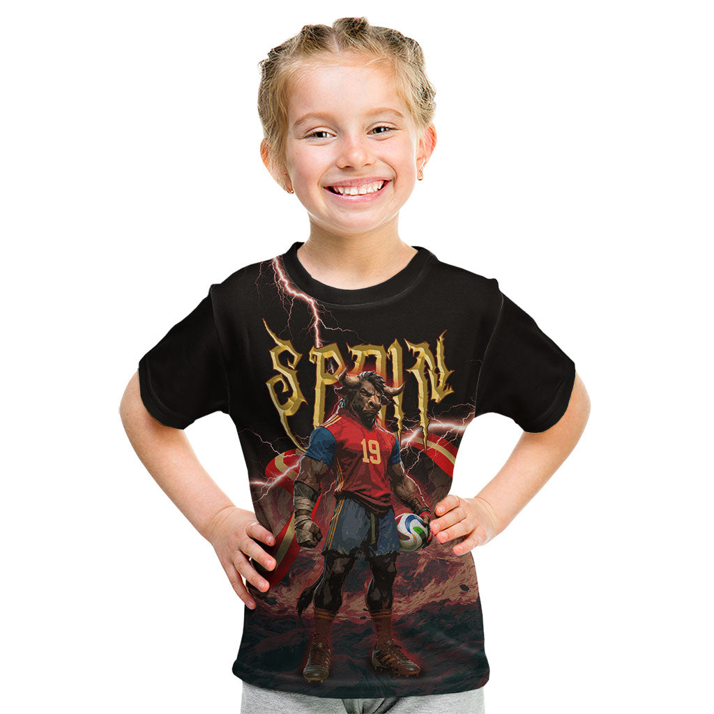 Spain Football Kid T Shirt Spanish Pride Bull Mascot Gothic Metal Lightning Storm
